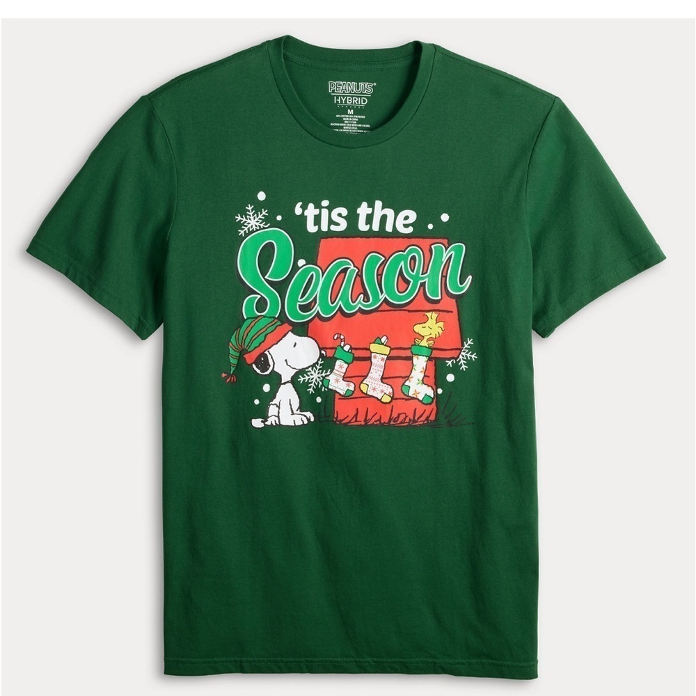 🆕 Peanuts Snoopy Short Sleeve Graphic Tee Holiday Tis the Season Unisex M Green - Picture 2 of 5